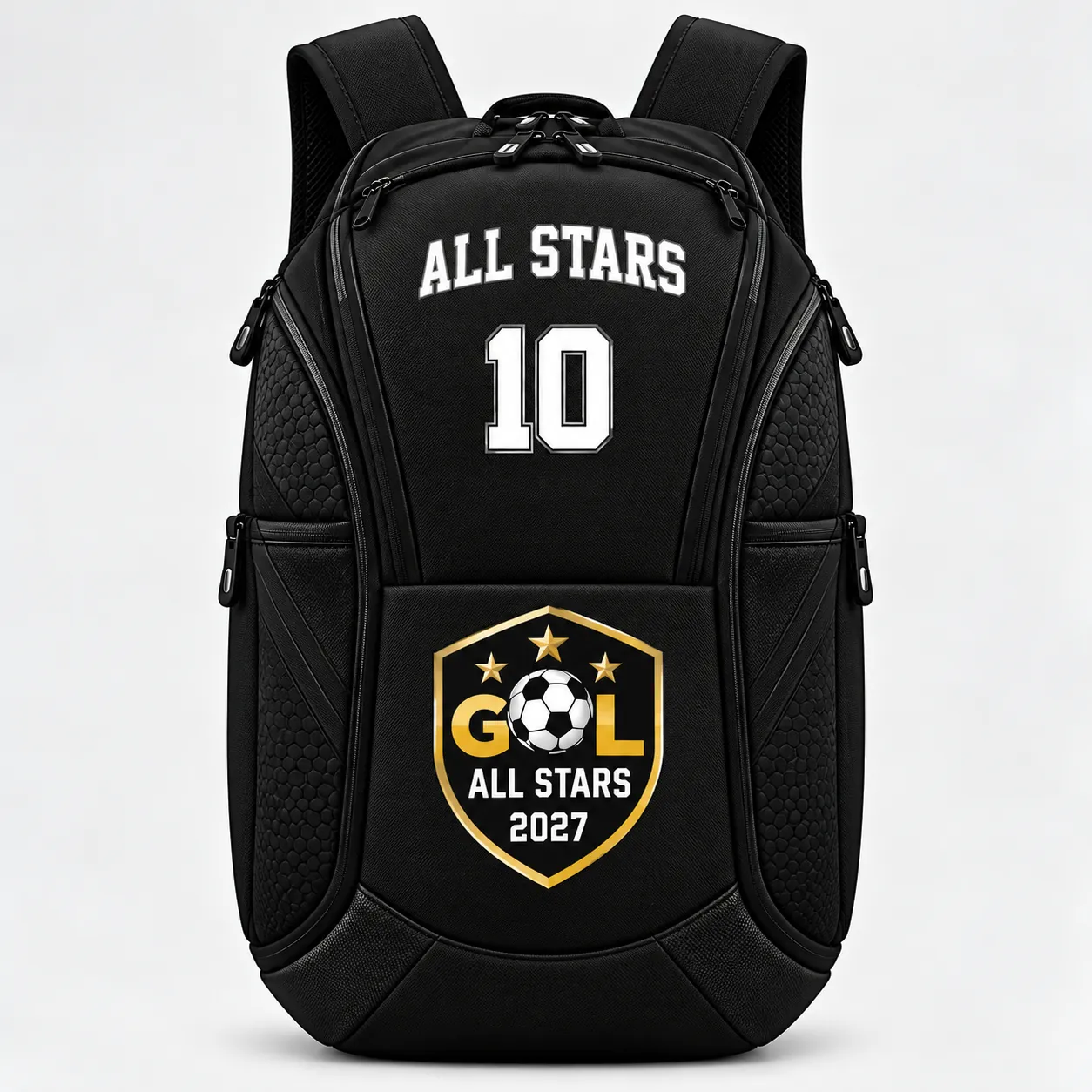 Custom black backpack with All Stars name, number 10 and crest