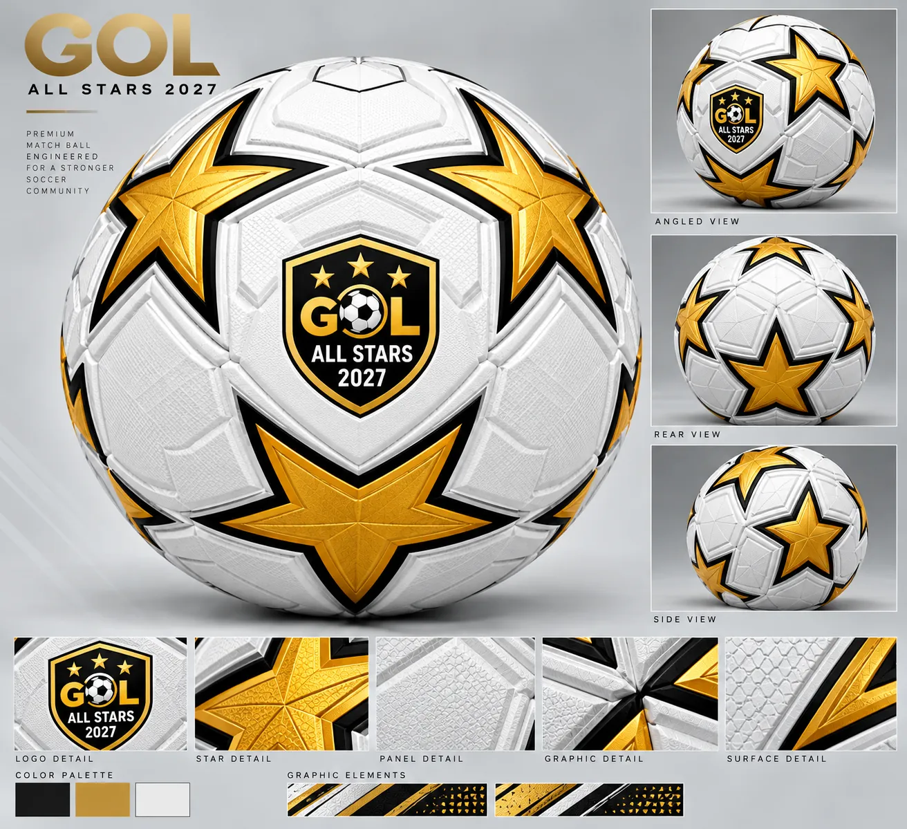 White All-Star soccer ball with gold stars and crest