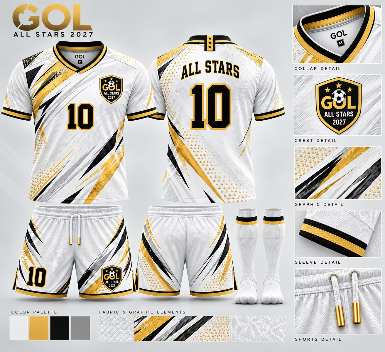 All-Star away kit in white, gold and black: jersey front and back, shorts, socks and detail views