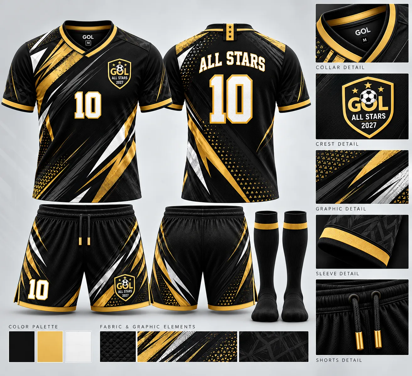 All-Star home kit in black and gold: jersey front and back, shorts, socks and detail views