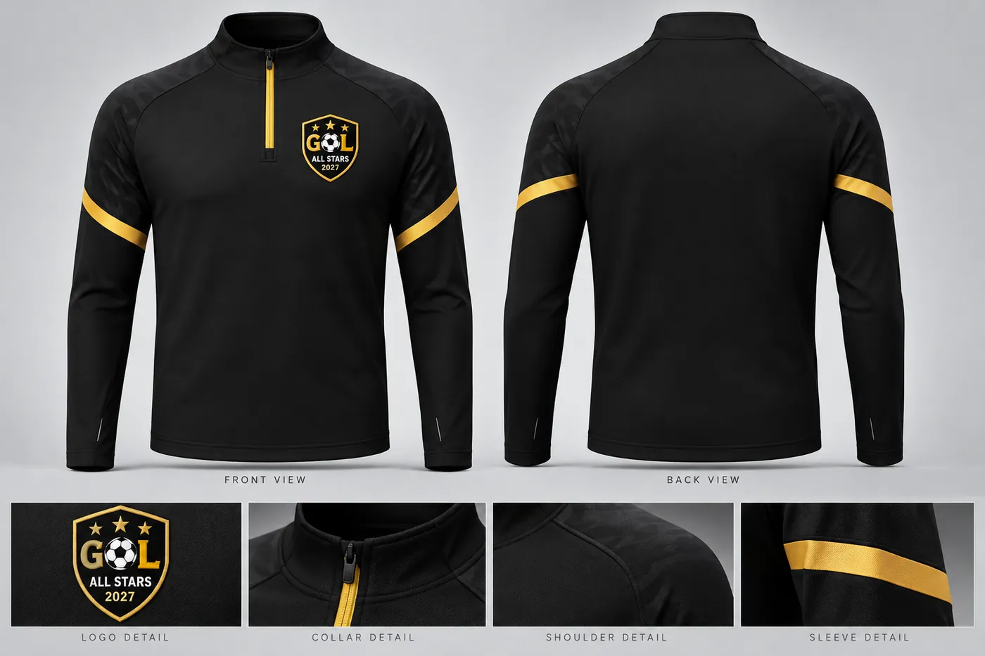 Black 3/4-zip training top with gold sleeve stripes and crest